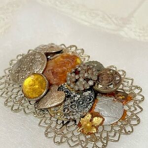 ✨ Vintage Button Collage Brooch One-of-a-Kind Statement Pin, Gold & Amber tones